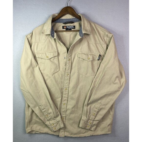 Hawx Shirt Mens Large‎ Beige Pearl Snap Chore Workwear Utility Work Western - Picture 1 of 10